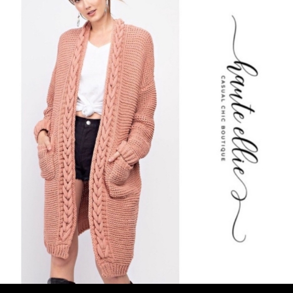 Tricia Relaxed Open Front Long Line Braided Knit Cardi Peach Sweater Sm-Md NWT - Picture 8 of 14